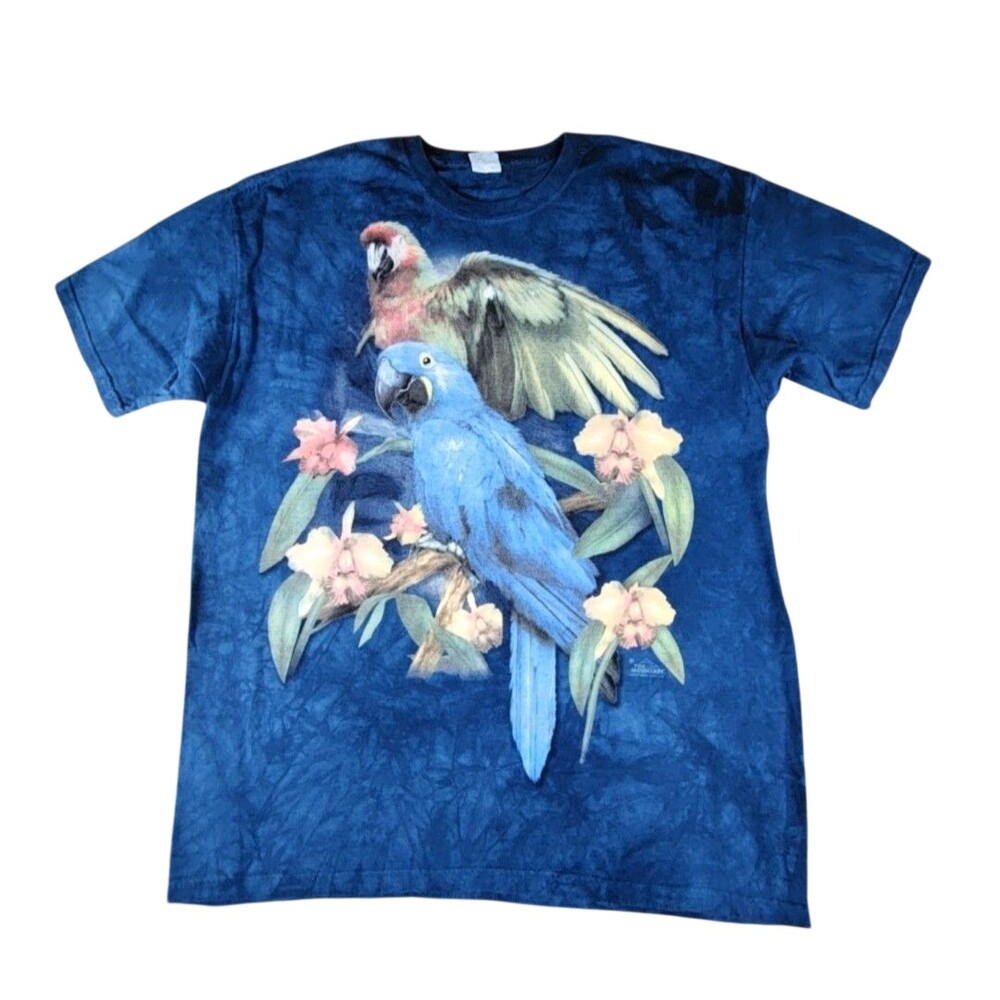 Delta Apparel Shirt Mens XL Blue Tie Dye Parrot Birds Graphic Tee The Mountain